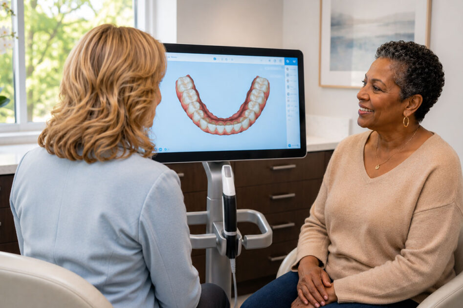 A dentist and patient looking at a computer screen